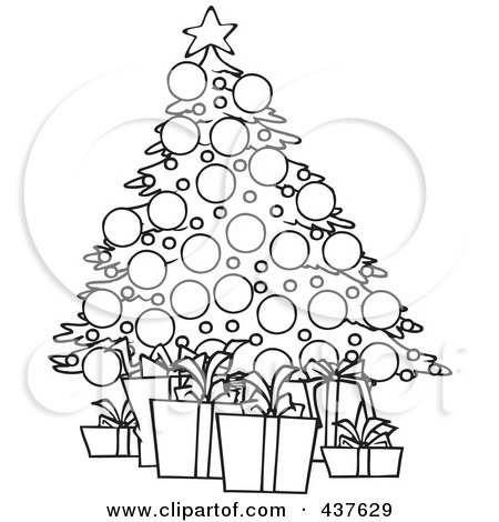 Royalty-Free (RF) Clip Art Illustration of a Black And White Outline Design Of A Christmas Tree ...