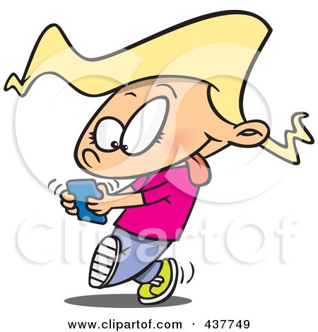 Cartoon Little Girl Walking And Texting On A Cell Phone Poster, Art Print