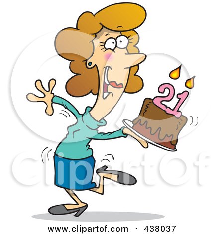 Birthday Cake Cartoon on Cartoon Happy Woman Carrying A Birthday Cake With 21 Candles Posters