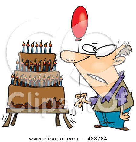 Cartoon Old Man Holding A Balloon By A Birthday Cake Poster, Art Print