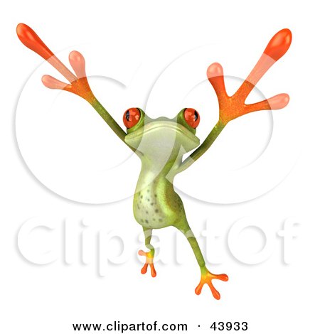 Royalty-free clipart picture of a dancing 3d green tree frog leaping and 