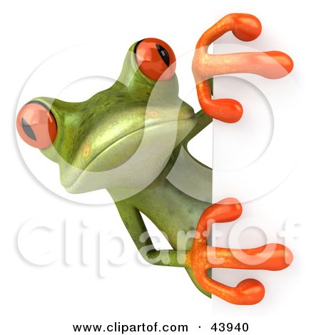 Royalty-free clipart picture of a cute 3d green tree frog looking around a 