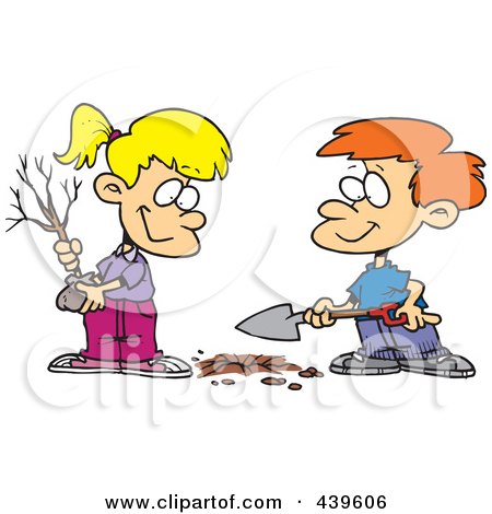 planting trees cartoon. Cartoon Boy And Girl Planting