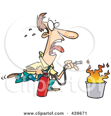 Royalty-Free (RF) Clip Art Illustration of a Cartoon Businessman Extinguishing A Fire by Ron Leishman