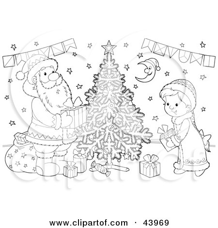 Santa Claus Coloring Pages on Santa Claus And Girl Putting Gifts Under A Christmas Tree Coloring