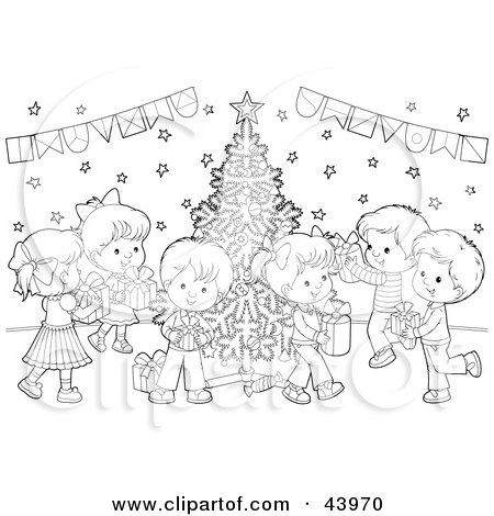 Clipart Illustration of a Black And White Children With Gifts At A Christmas Party Coloring Page ...