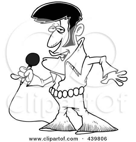 Cartoon Black And White Outline Design Of An Elvis Impersonator Singing 