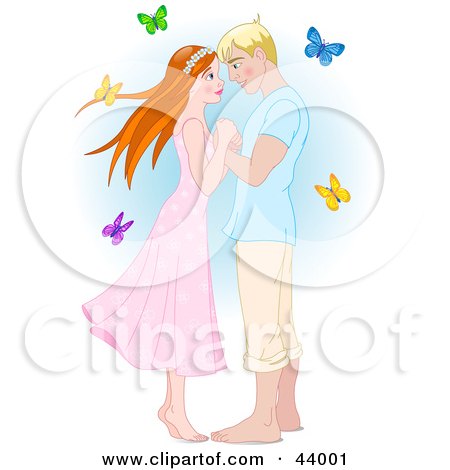 Clipart Illustration of a Blond Man Adoring A Red Haired Woman, Surrounded By Butterflies
