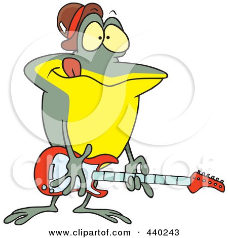Royalty-free clipart picture of a guitarist frog, on a white background.