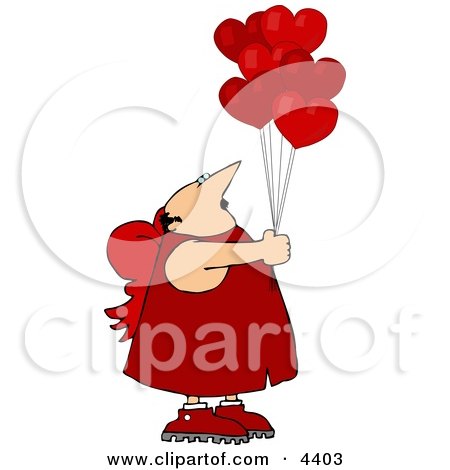 Clipart of a valentine's day cupid man holding red heart balloons.
