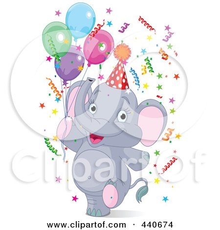 Royalty-free clipart picture of a birthday party elephant with confetti and 