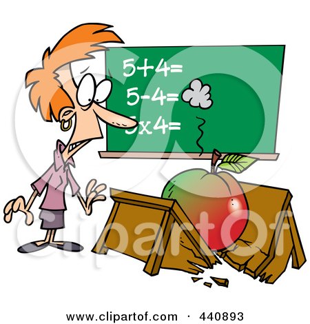 Royalty-free clipart picture of a big apple crushing a teacher's desk, 