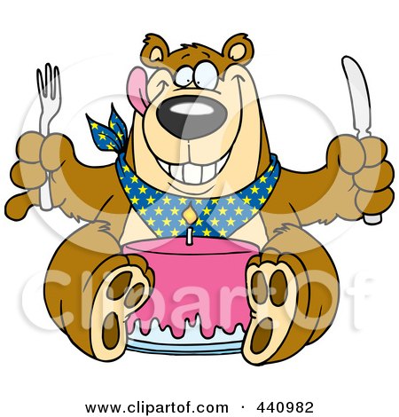 Royalty-free clipart picture of a birthday bear eating cake, 