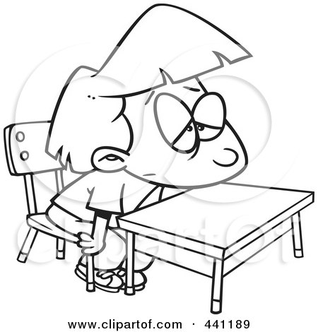 Cartoon Black And White Outline Design Of A Bored School Girl At Her Desk 