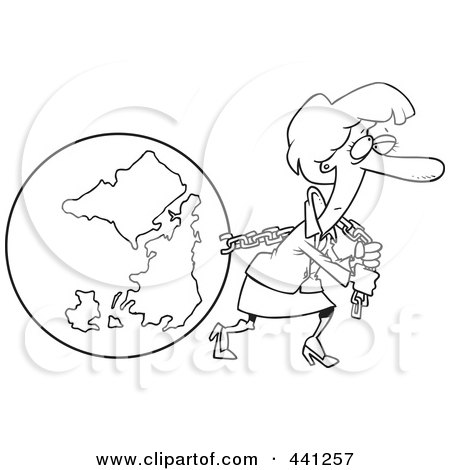 Cartoon Black And White Outline Design Of A Businesswoman Pulling Earth 