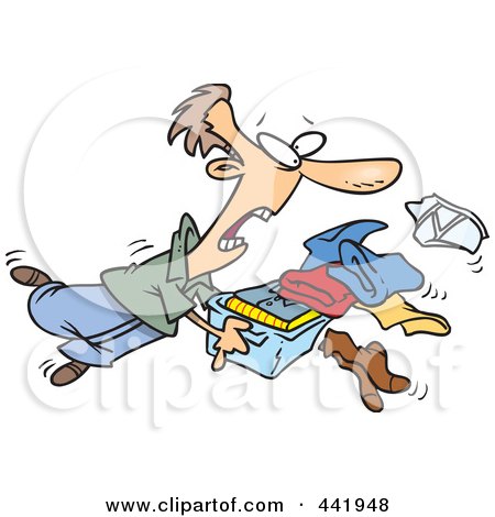 Royalty-free clipart picture of a man tripping and dumping folded laundry, 