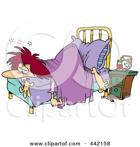 ... Illustration of a Cartoon Restless Woman Laying At The Foot Of Her Bed