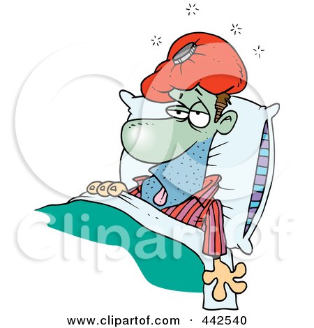 Cartoon Sick Man In Bed With An Ice Pack by Ron Leishman