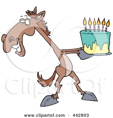 Royalty-free clipart picture of a horse presenting a birthday cake, 
