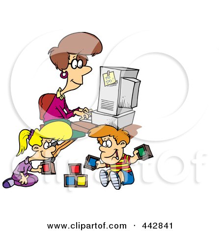 Play Free on Cartoon Woman Working On Her Computer As Her Kids Play By Ron Leishman