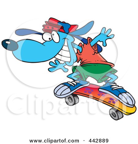 Cartoon Blue Skateboarding Dog by Ron Leishman