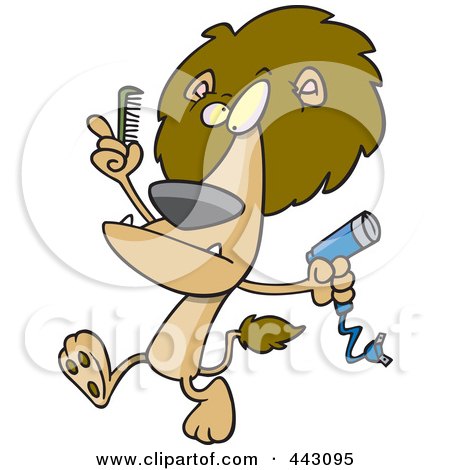 Cartoon Male Lion Using A Comb And Blow Dryer On His Mane by Ron Leishman