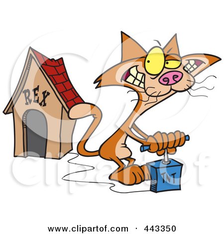 Royalty-free clipart picture of a cat blowing up a dog house, 