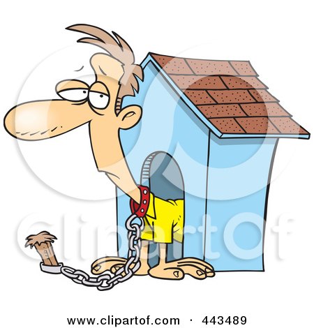 Royalty-free clipart picture of a man chained by a dog house, 