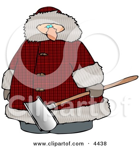 Clipart of a overweight man wearing a big winter coat and holding a snow 