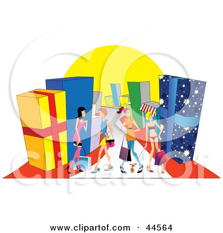 Royalty-free clipart picture of women shopping in a mall with giant presents 