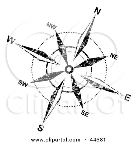 Royalty-free clipart picture of a distressed black and white compass rose 