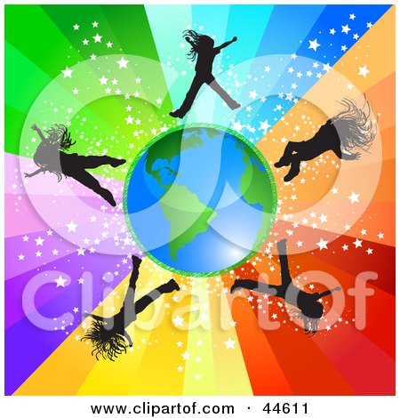 Rainbow Background on Girls Jumping Around Earth On A Rainbow Background Posters  Art Prints