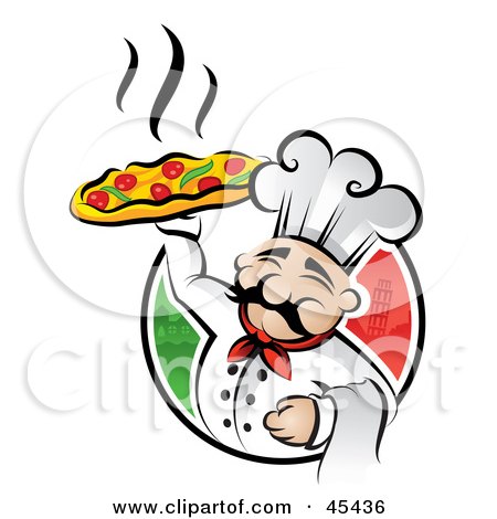Royalty-free food clipart picture of a happy chef proudly displaying a hot 
