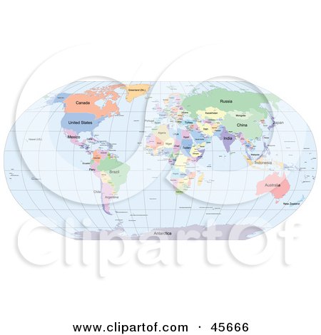 World  Continents on World Map Showing Different Colored Countries And Continents And Blue