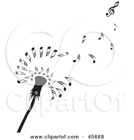  RF Clipart Illustration of a Black Dandelion Seedhead With Music Notes