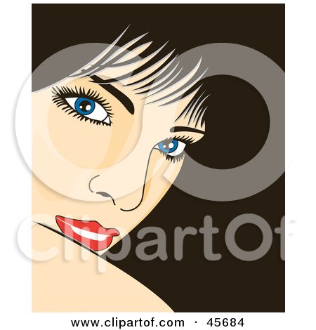Pretty Woman With Black Hair Red Lips Blue Eyes And Long Lashes Looking Over
