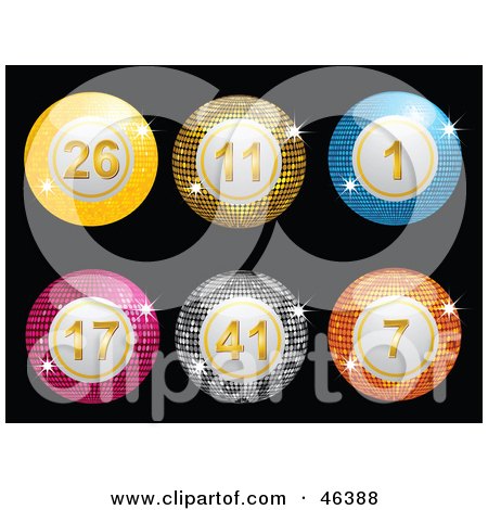 Royalty-free clipart picture of a line up of sparkling disco lottery balls 