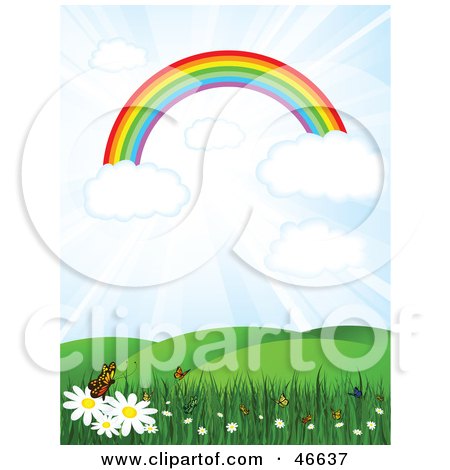 Royalty-free clipart picture of a rainbow on clouds in a sunny sky over a 