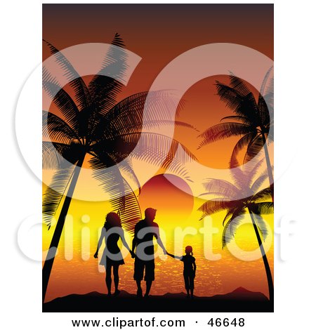 Royalty-Free (RF) Clipart Illustration of a Silhouetted Family Of Three Watching A Tropical Sunset On Vacation by KJ Pargeter