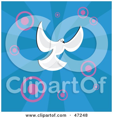 Royalty-free clipart picture of a white dove on a blue background with pink 