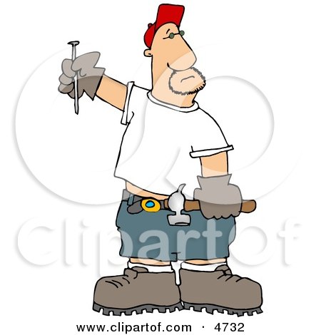 Clipart of a Male Carpenter with a Hammer and Nail. He's wearing a hat, 