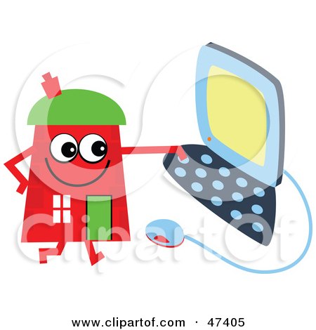  a red cartoon house character using a computer, on a white background.