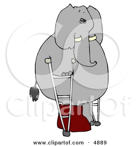 Clipart of an injured human-like elephant walking around with a broken leg 