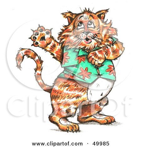 Royalty-free clipart picture of a fat cat dancing and wearing a hawaiian 