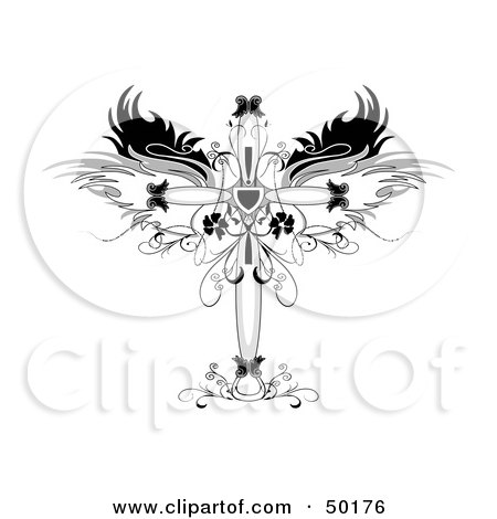 Ornamental Cross With Wings And Floral Designs
