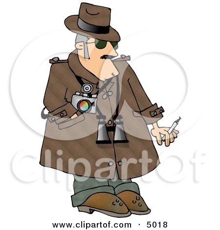 Male Private Investigator Spy in a Green Trench Coat, Smoking a Tobacco Pipe 