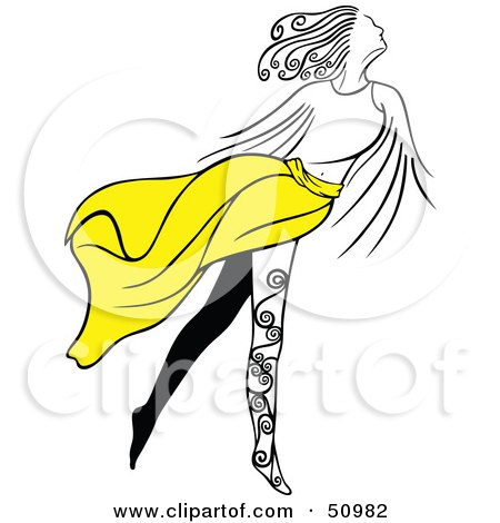 Royalty-free clipart picture of a graceful woman with leg tattoos, wearing a 