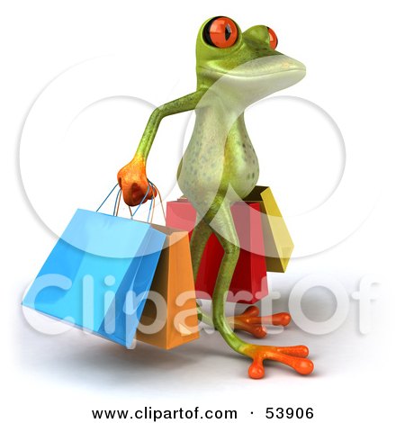 Royalty-free clipart picture of a cute 3d green tree frog carrying shopping 
