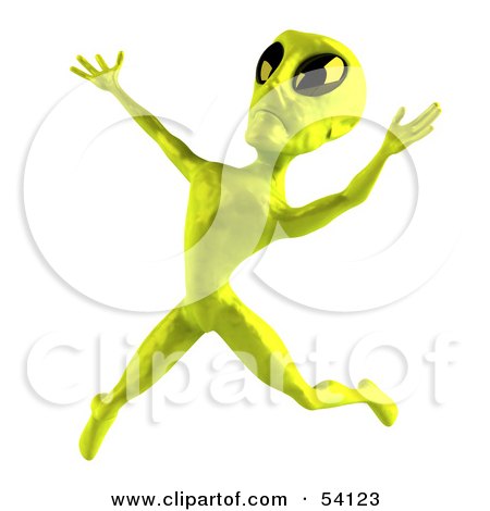 Royalty-free clipart picture of a 3d green alien being leaping or dancing, 