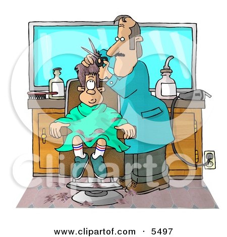  clipart of a boy getting his 1st haircut at a professional barbershop.